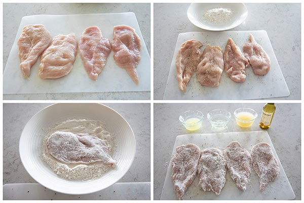 collage of flouring chicken cutlets for chicken piccata