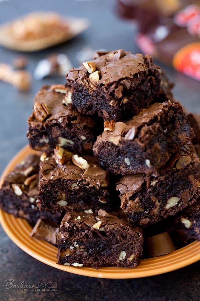 These rich, fudgy Shortcut Turtle Brownies start with a brownie mix, then you load them up with chopped caramel filled chocolate candies and crunchy pecans inside and on top.