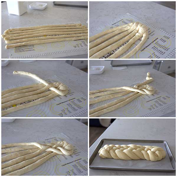 Collage of breading 6 strand Challah bread