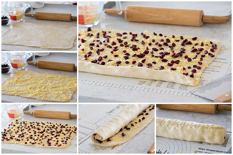 Collage of rolling out and filling Cranberry Citrus Cream Cheese Sweet Rolls