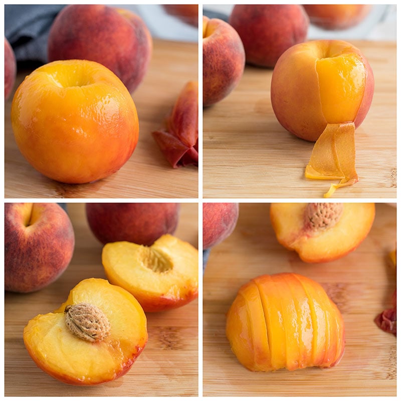 collage of step by step photos of slicing peaches