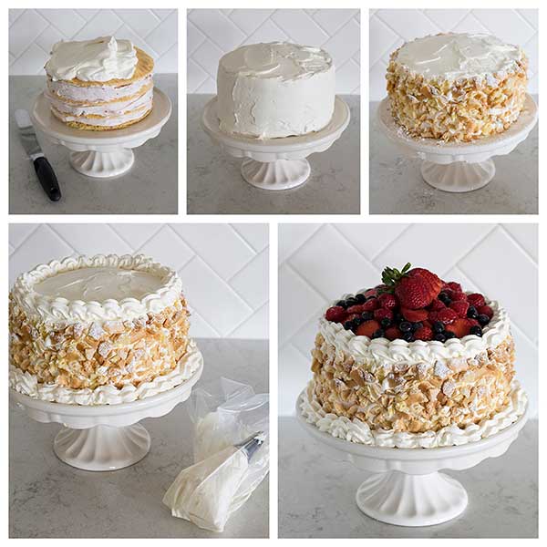 Collage of decorating a Triple Berry Choux Cake