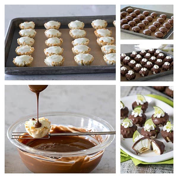 Collage of making Chocolate Covered Frozen Key Lime Pie Bites