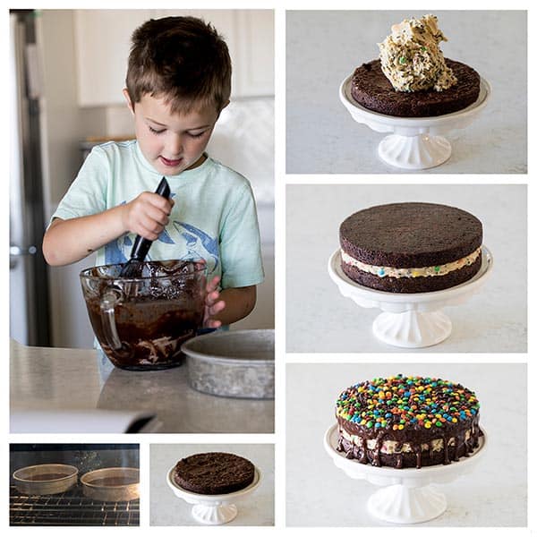 Collage of making a Cookie Dough Brownie Bomb Cake