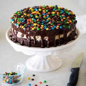 Featured Image for post M&M Cookie Dough Brownie Bomb Cake
