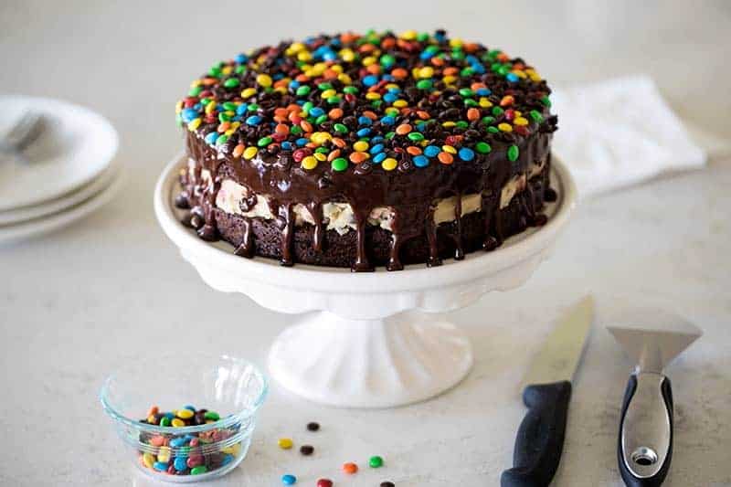 Featured Image for post M&M Cookie Dough Brownie Bomb Cake 