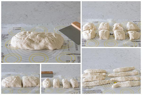 Collage showing dividing the dough for Sweet Pretzels Sticks with Strawberry Cream Cheese Dip