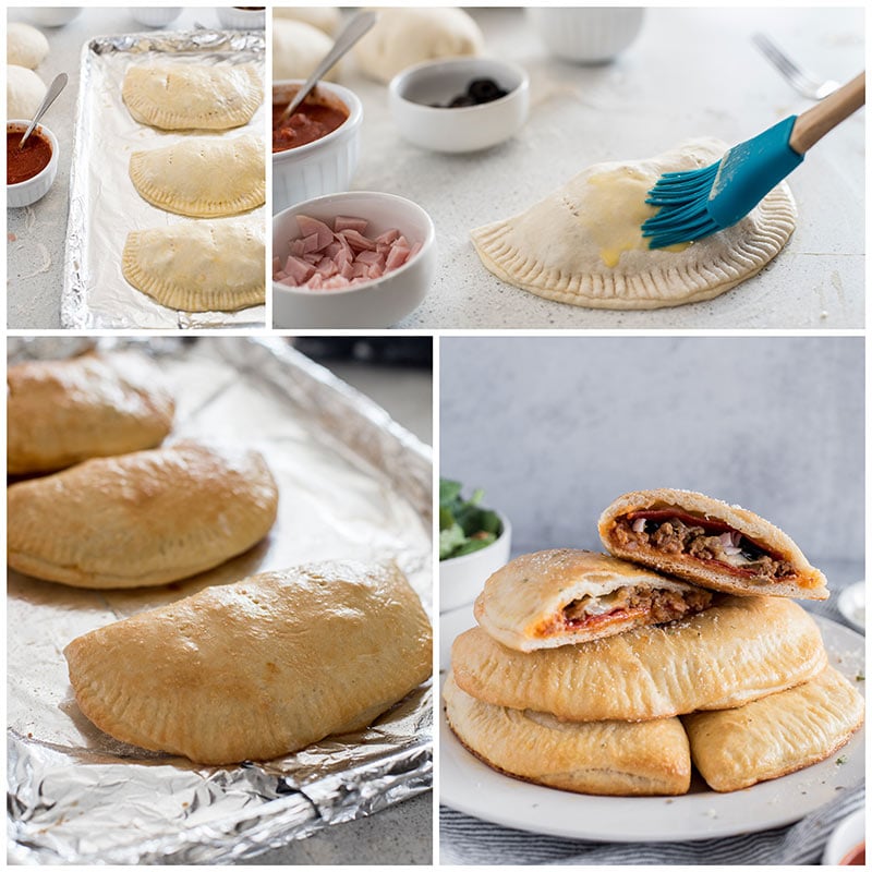 collage showing glazing the calzone for baking
