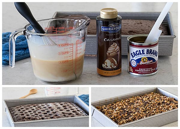 Photo collage of ingredients and making a Turtle Poke Cake