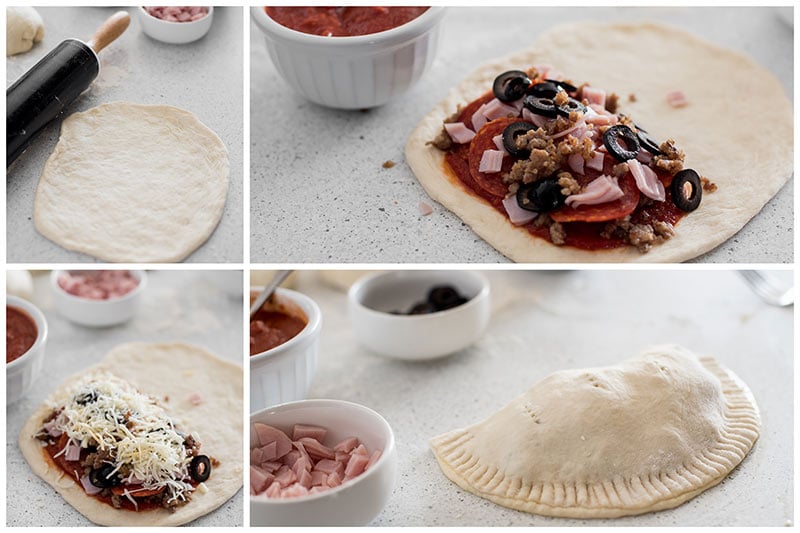 collage of filling and shaping the calzone dough