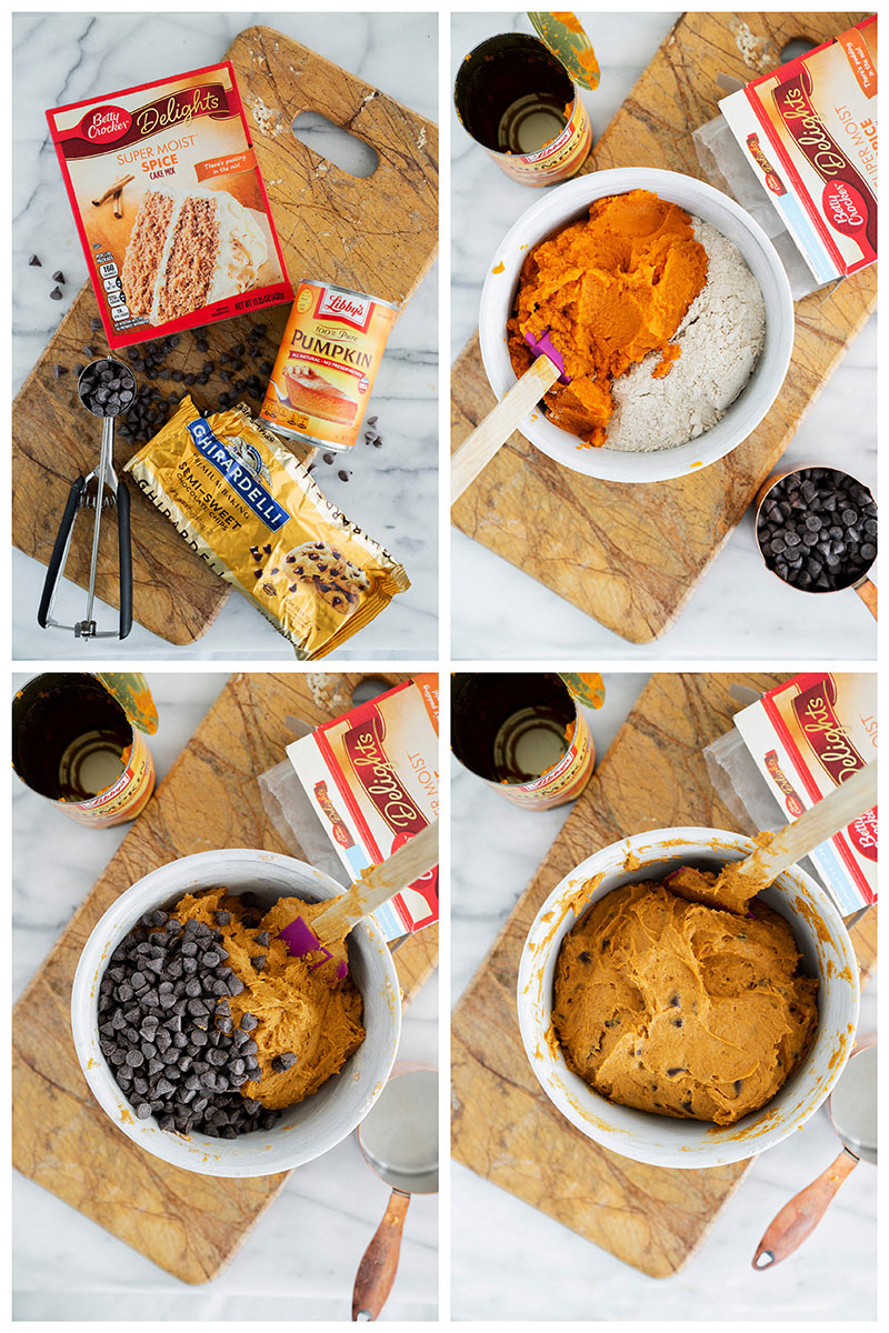 ingredients and baking steps to make pumpkin chocoalte chip cookies with cake mix