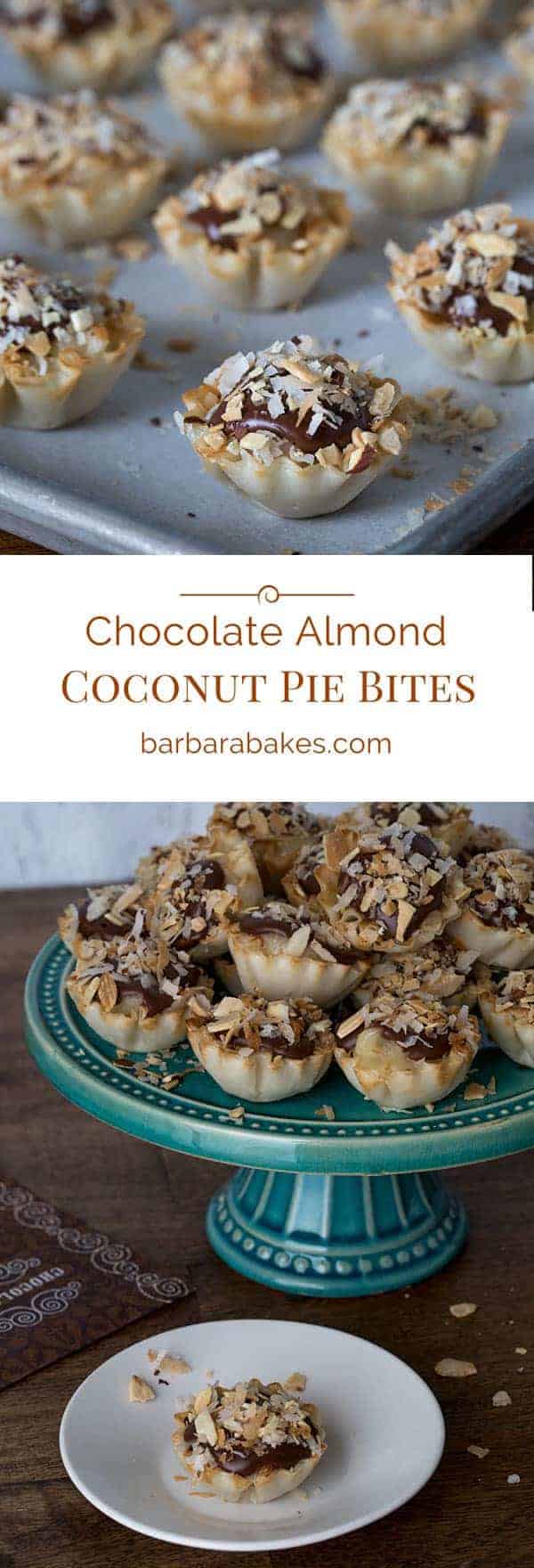 titled photo collage (and shown): Chocolate Almond Coconut Pie Bites
