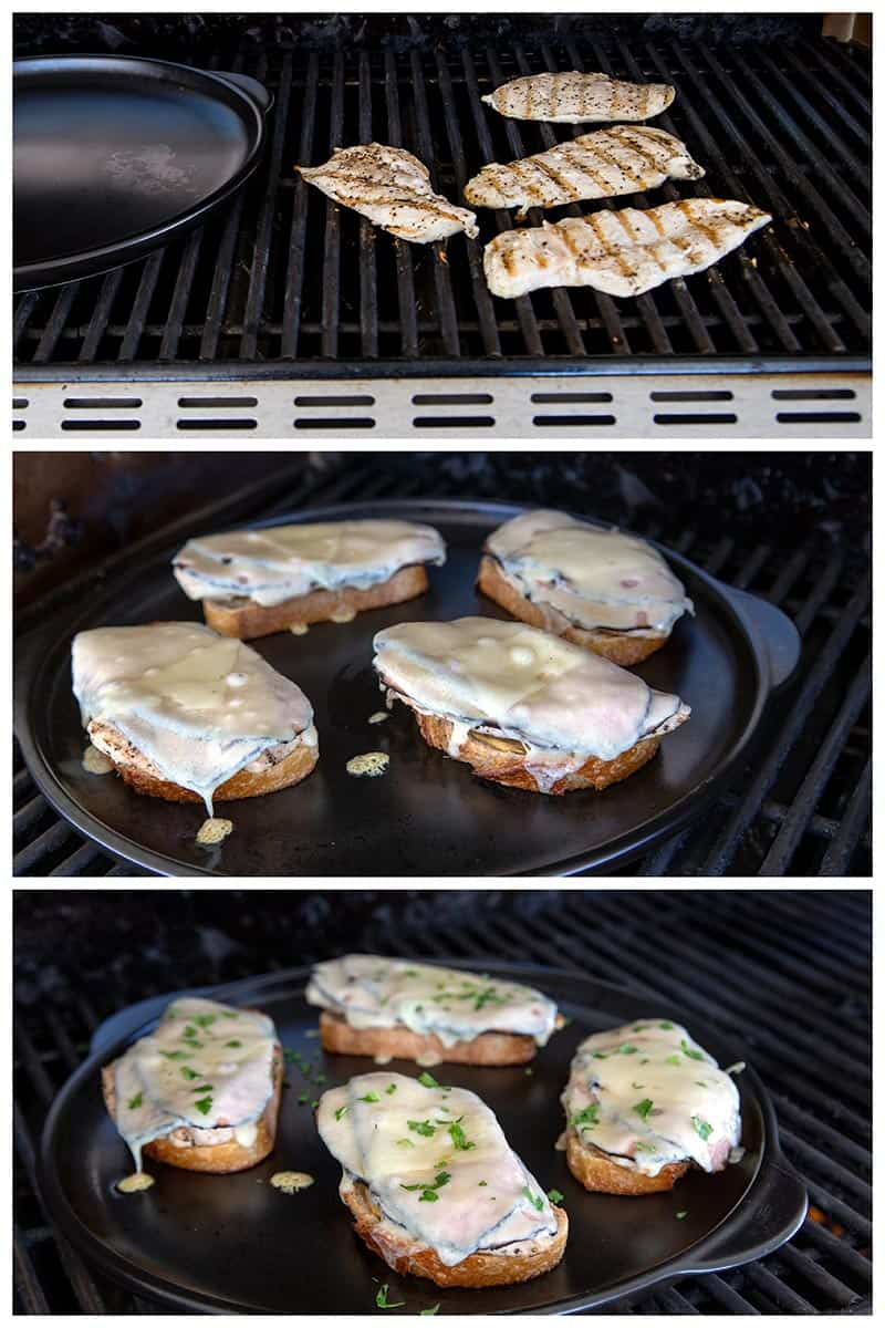 A collage of Cooking Chicken Cordon Bleu Melts on the grill. 