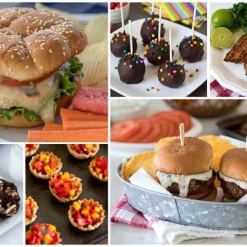 A collage of BBQ recipe ideas: chicken caprese burgers, s'mores cookies, fruit cups, brownie pops, pork tenderloin, sliders