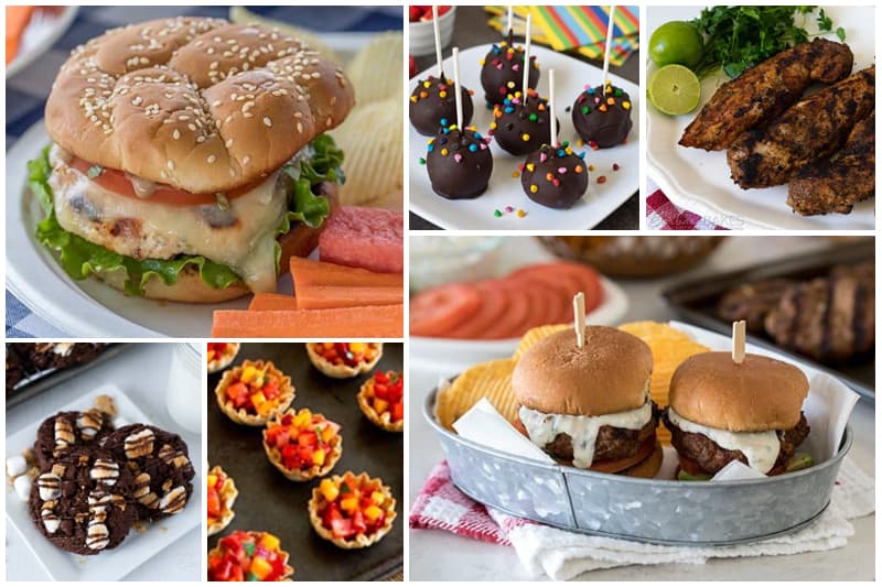 A collage of BBQ recipe ideas: chicken caprese burgers, s\'mores cookies, fruit cups, brownie pops, pork tenderloin, sliders