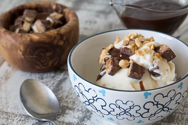 A bowl of The Best Homemade Snickers Ice Cream