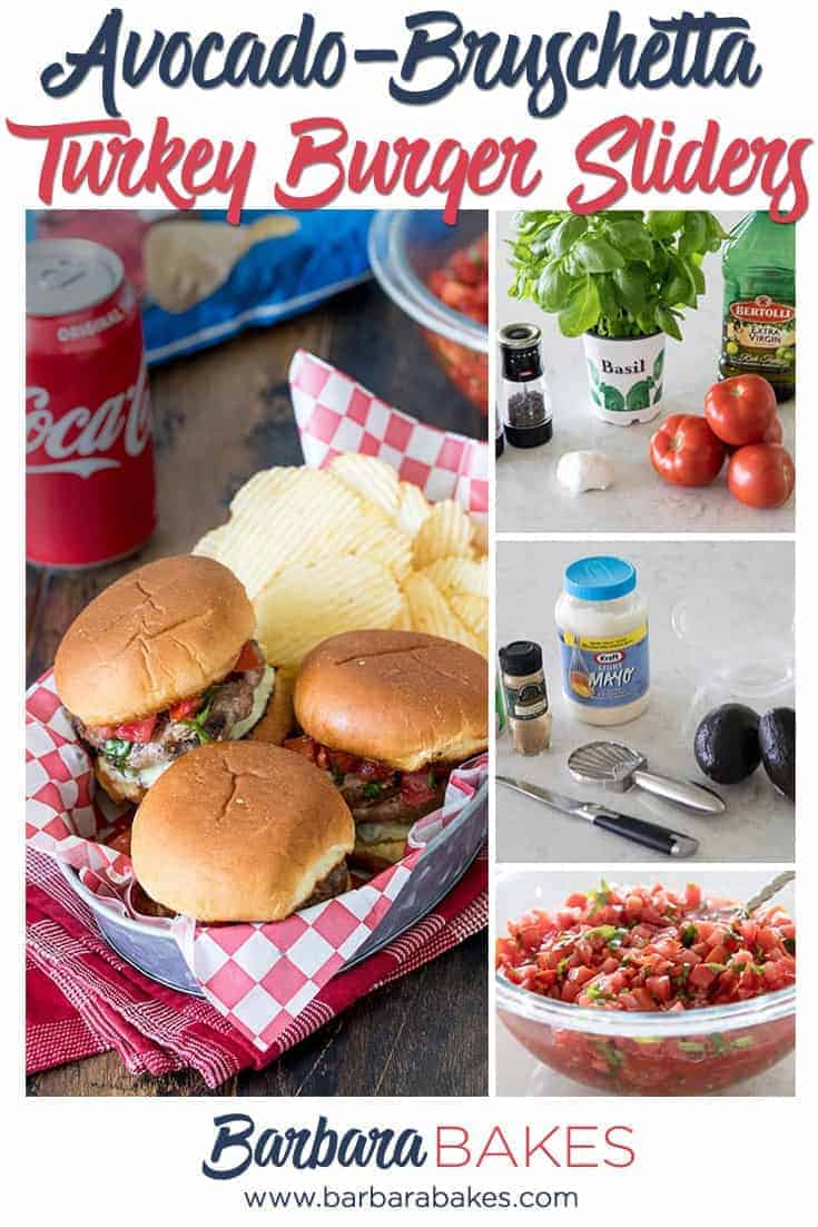 Juicy, cheesy turkey burger sliders dripping with a creamy avocado spread and fresh tomato bruschetta. These Bruschetta Turkey Burger Sliders are packed with flavor and perfect for tailgating. via @barbarabakes