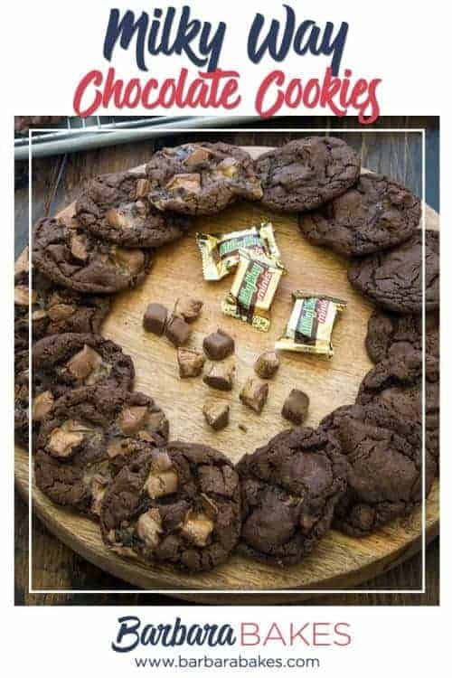 a ring of Milky Way Chocolate Cookies on a wooden platter