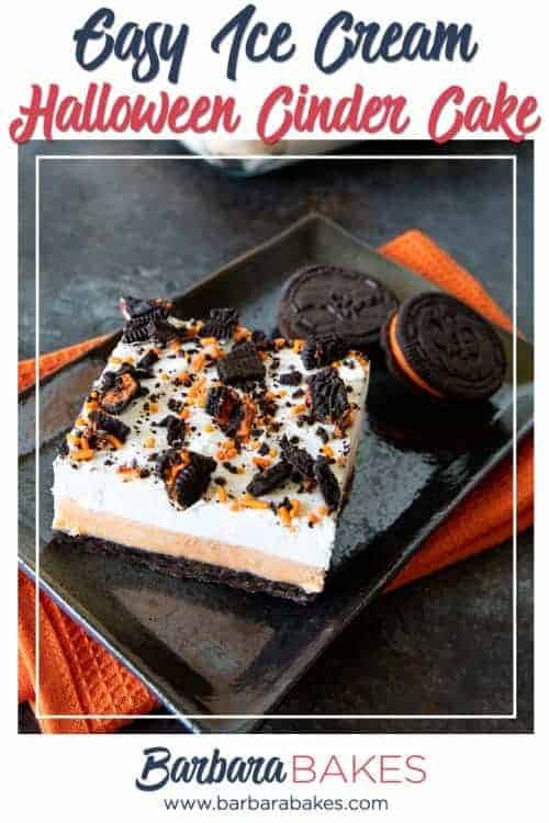 Pinterest Halloween Cinder Cake - a quick and easy cake made with crushed oreos, orange sherbert, and whipped cream