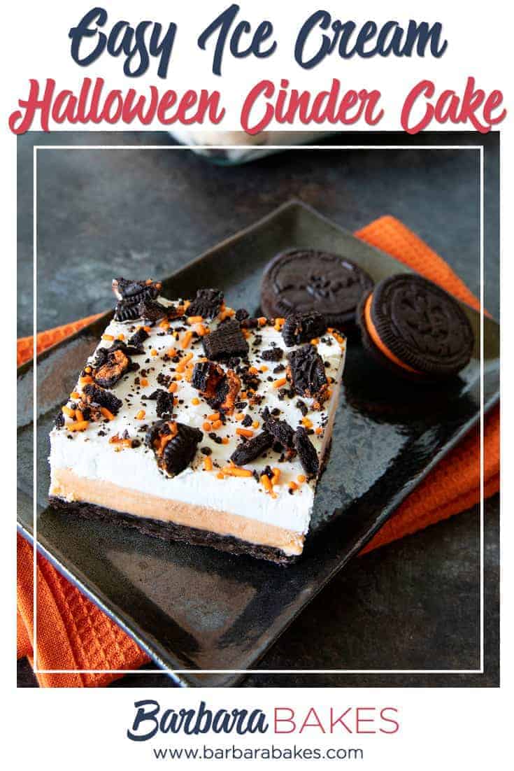 A cinder cake is an easy-to-make ice cream dessert made with a layer of whipped cream on top of orange-vanilla sherbert and an Oreo cookie crust.

Note: This works for any flavor of ice cream/sherbert and Oreos via @barbarabakes