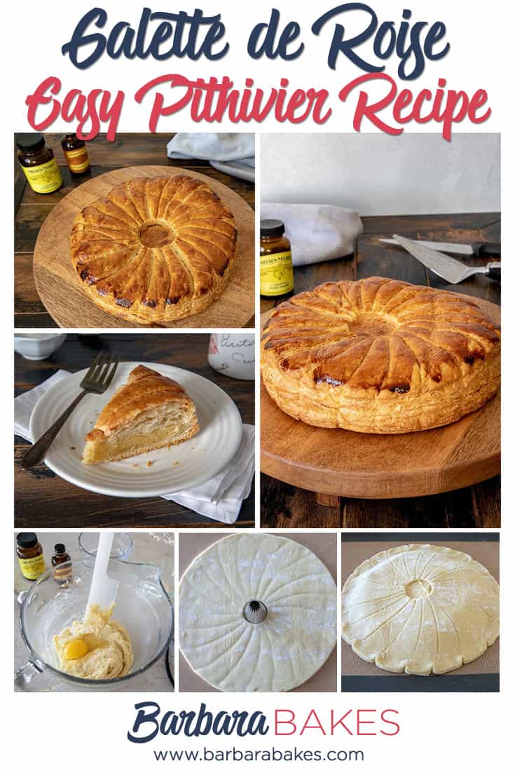 A collage of Easy Pithivier Recipe aka King Cake or Galette-de-Roise (made with puff pastry, almond paste, lemon extract) via @barbarabakes