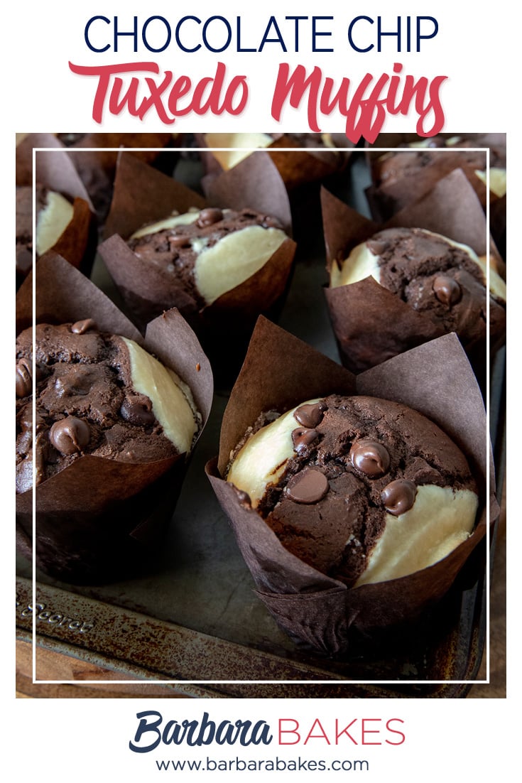 Pinterest image of Chocolate Chip Tuxedo Muffins