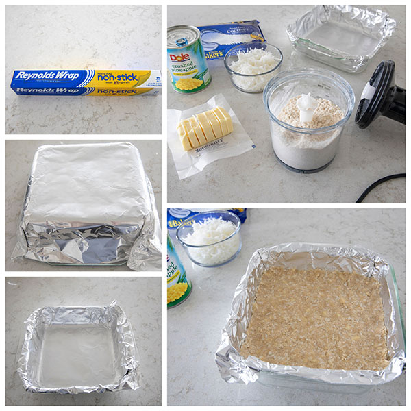 collage of Making A Coconut Crust for Pineapple Coconut Bars