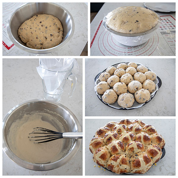 collage of making Orange Currant Hot Cross Bun dough
