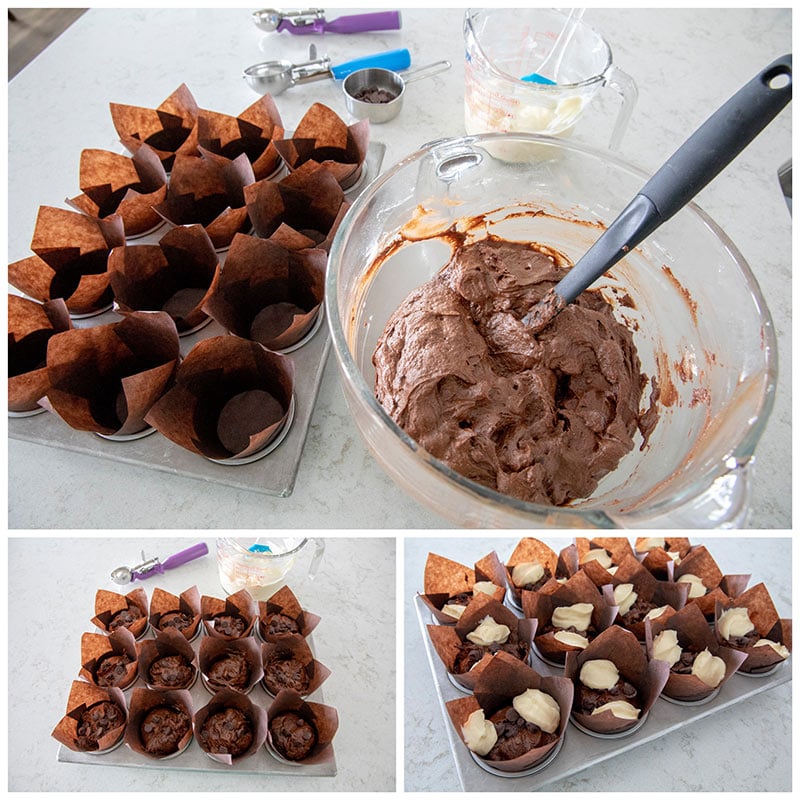 collage of Making Tuxedo Chocolate Chocolate Chip Muffins