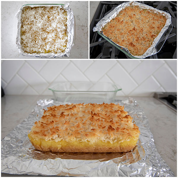 collage of making Pineapple Coconut Bars with Coconut Topping