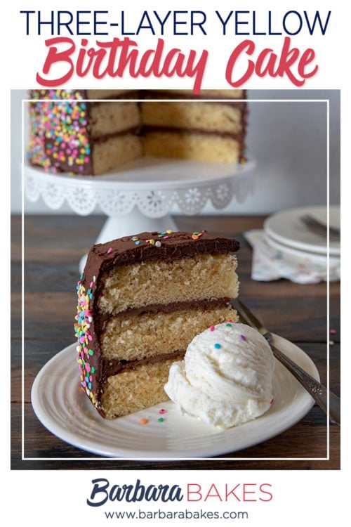 Classic Triple-Layer Yellow Birthday Cake, sliced and plated with ice cream