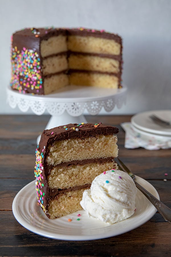 A slice of triple layer cake with vanilla ice cream. 