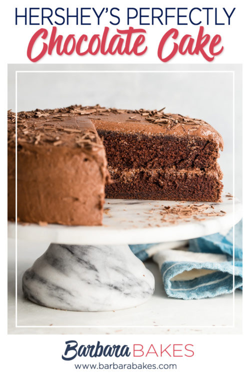 Hershey's Perfect Chocolate Cake with a slice cut out