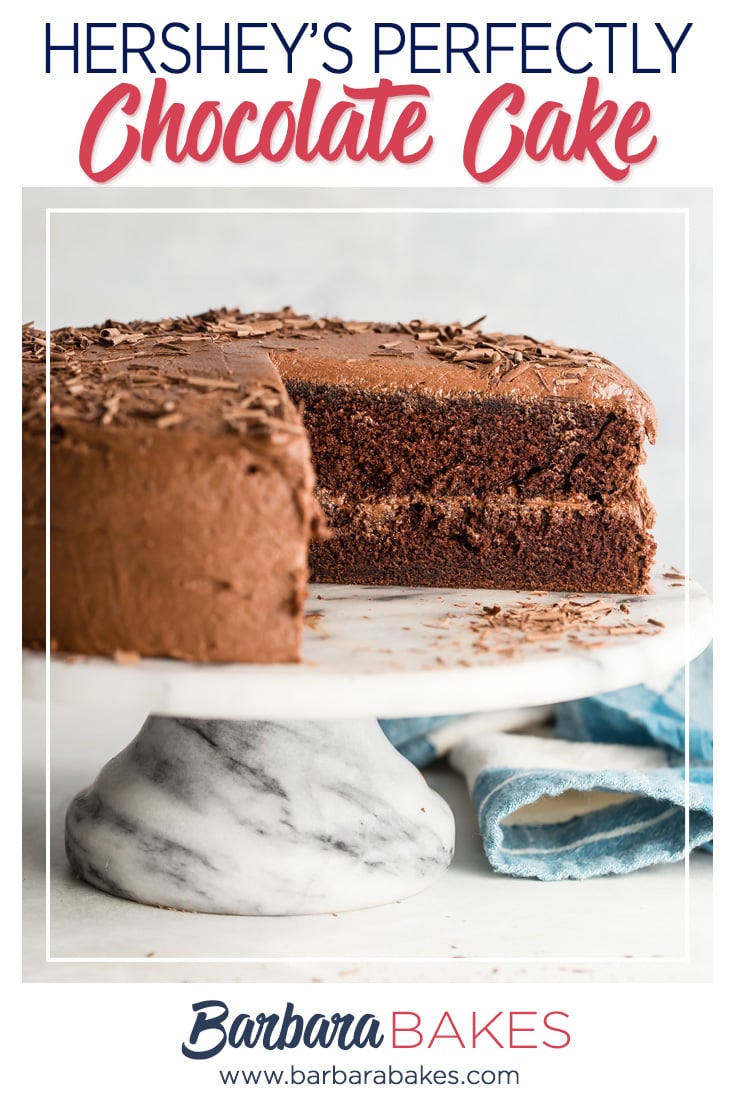 Hershey's Perfect Chocolate Cake with a slice cut out via @barbarabakes