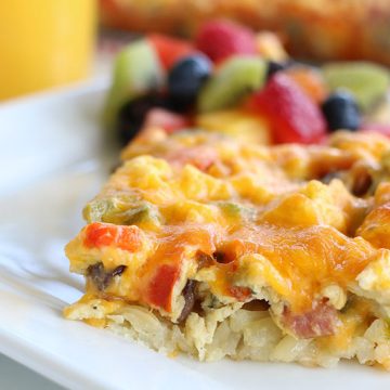 Hashbrown Breakfast Casserole with mushrooms, peppers and onions