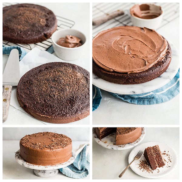 A collage of making a chocolate layer cake with chocolate icing. 