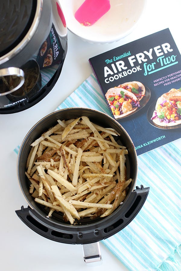 Air-Fryer-French-Fries next to the Air Fryer Cookbook for Two
