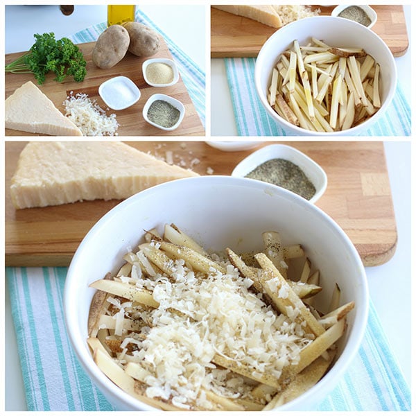 A collage of seasonings to make homemade air fryer french fries, includes potatoes, salt, pepper, garlic and Parmesan cheese