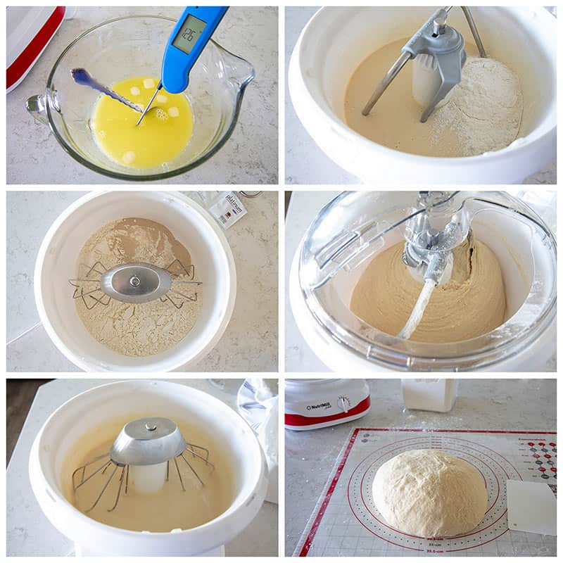 collage of making the dough for Easy Homemade Cinnamon Rolls