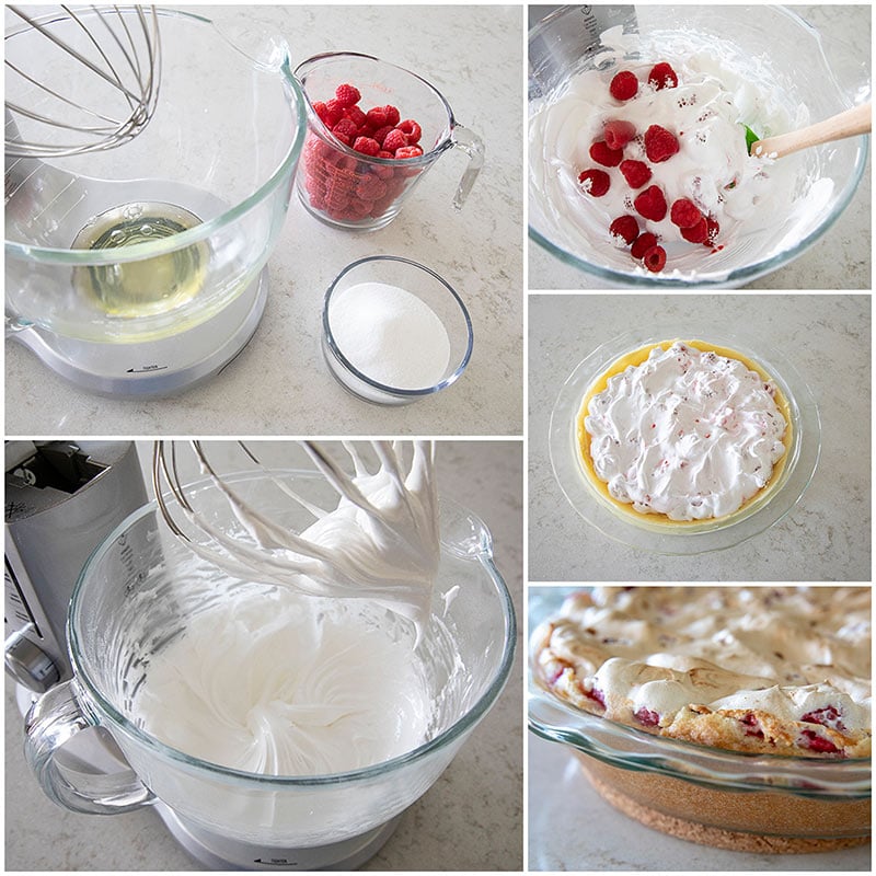 collage of Step by step photos of making the filling for Raspberry Meringue Pie