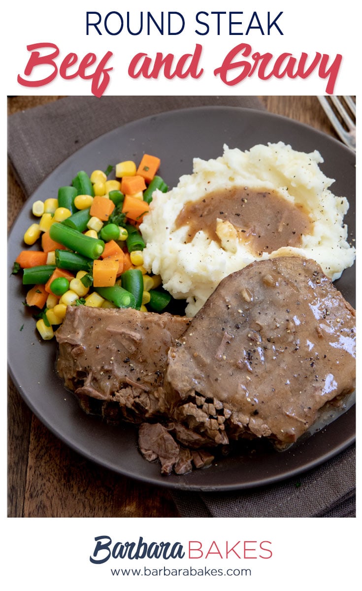 Round Steak and Gravy with Mashed Potatoes and Mixed Vegetables