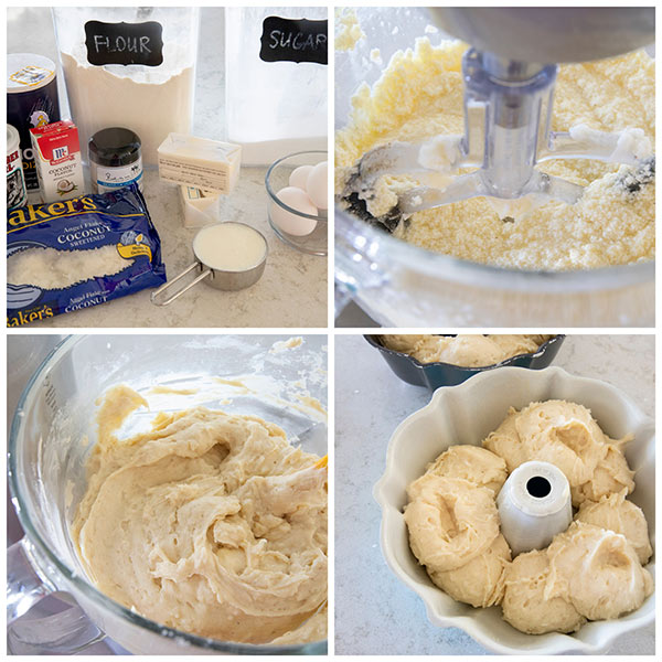 Step by step photo collage of making the coconut pound cake batter. 