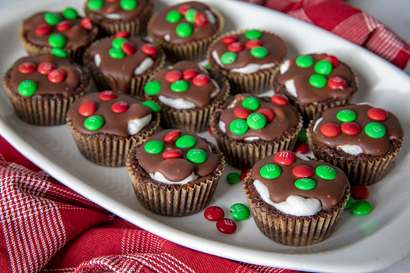 Marshmallow Surprise Brownie Bites with red and green mini M&M's