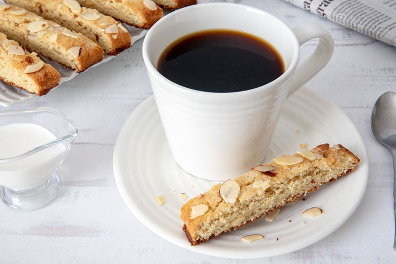 Keto Almond Biscotti with a cup of coffee