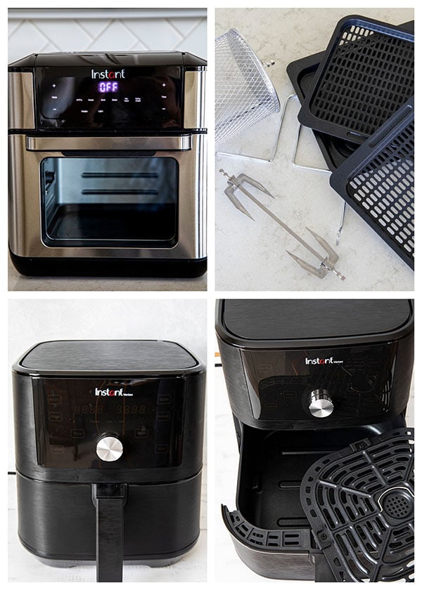 collage of Instant Vortex 6 quart and 10 quart air fryers with accessories