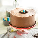 Malted milk chocolate layer cake on a red cake stand frosted in smooth fluffy homemade chocolate frosting and decorated with colorful candy.
