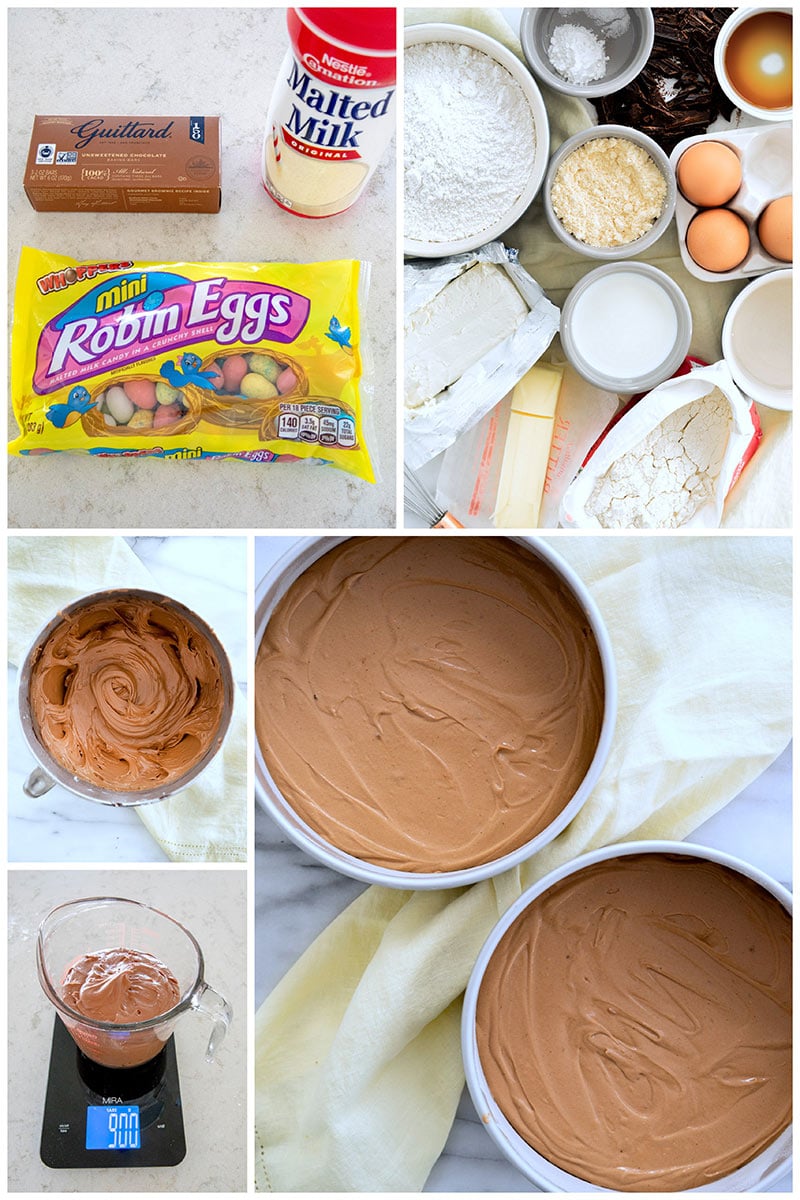 An overhead collage of the ingredients to make homemade malted milk chocolate cake; flour, cream cheese, eggs, butter, milk, vanilla, sugar and baking chocolate. As well as creating the frosting and batter in the cake pans.
