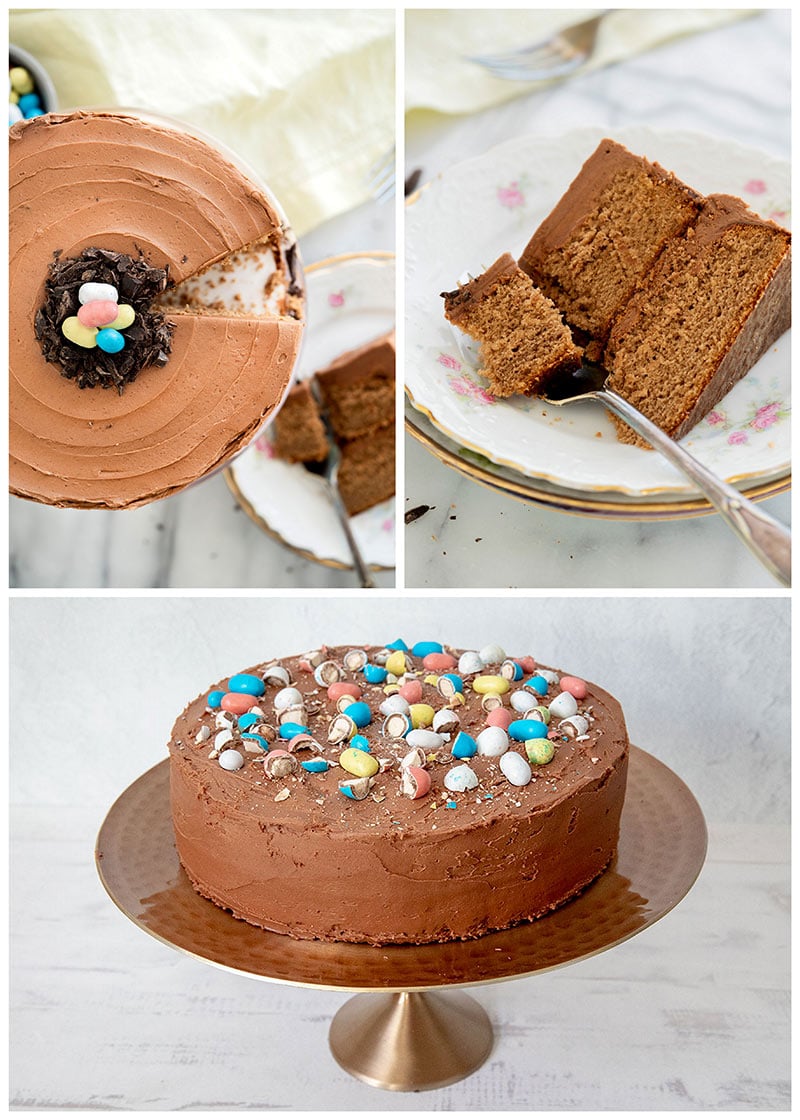 An overhead collage of malted milk chocolate cake on a cake stand decorated with Robin egg candies in a chocolate nest with one slice taken out on a plate.