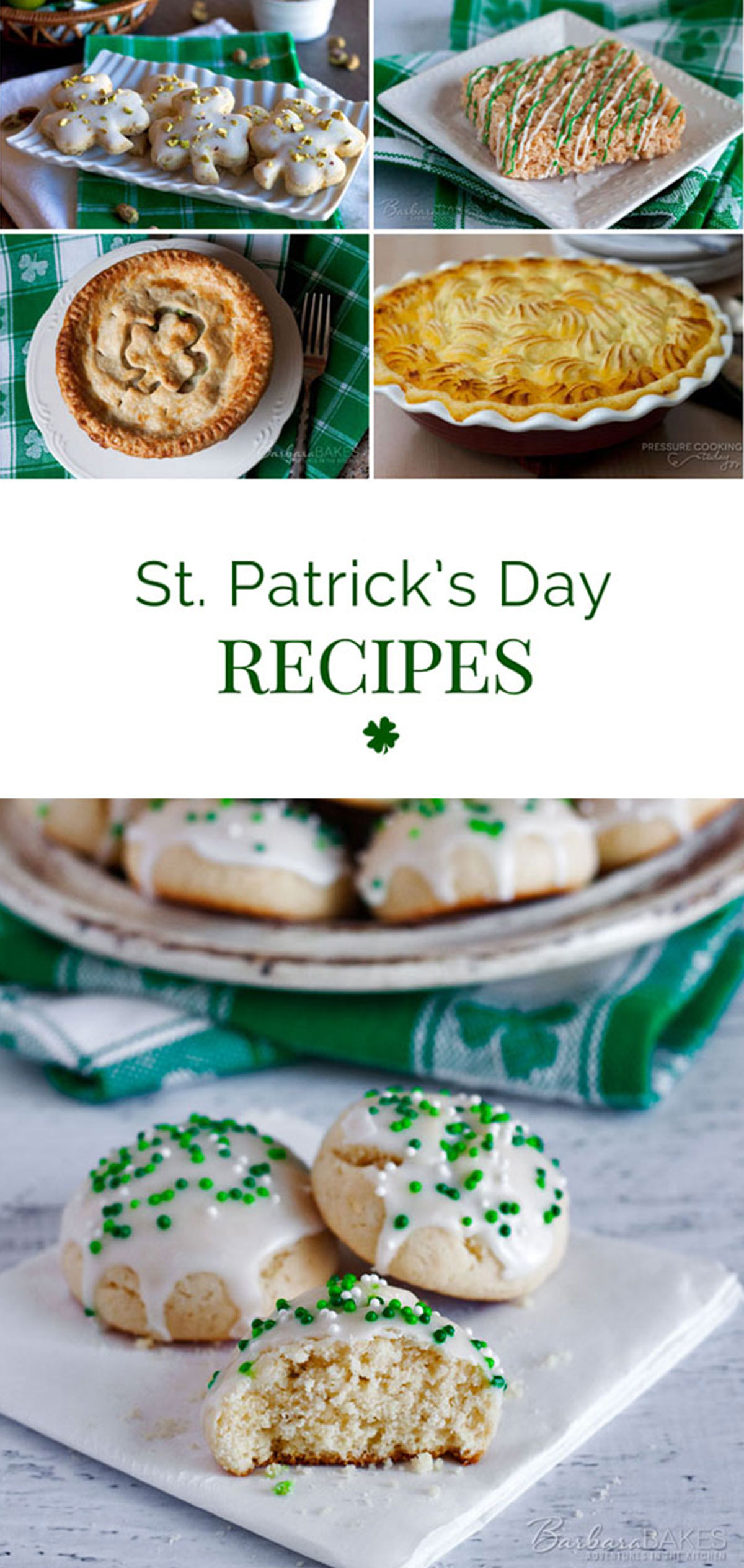 A collage Shepherd\'s pie, chicken pot pie with a clover in the crust, Italian cookies with green sprinkles, and clover shortbread cookies