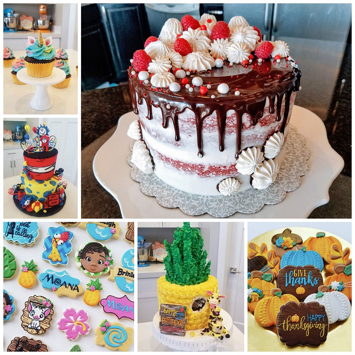 a collage of A Thing One and Thing Two layer cake, Moana cookies, Thanksgiving sugar cookies,